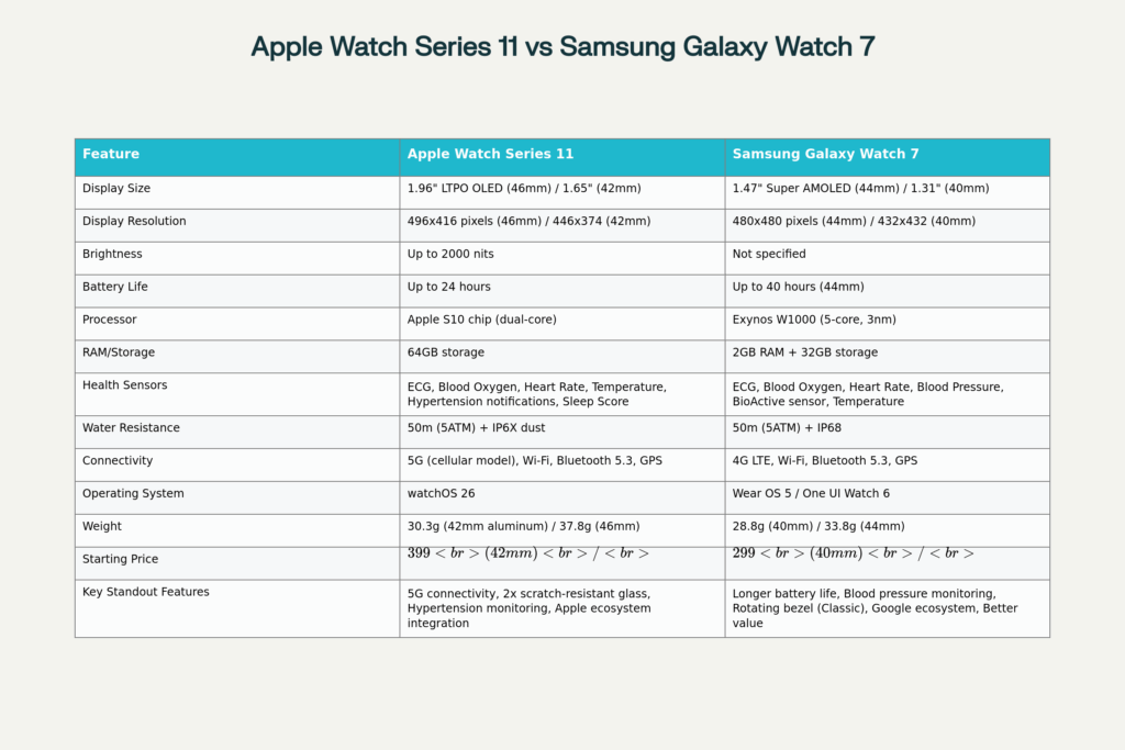 Comprehensive feature comparison between Apple Watch Series 11 and Samsung Galaxy Watch 7